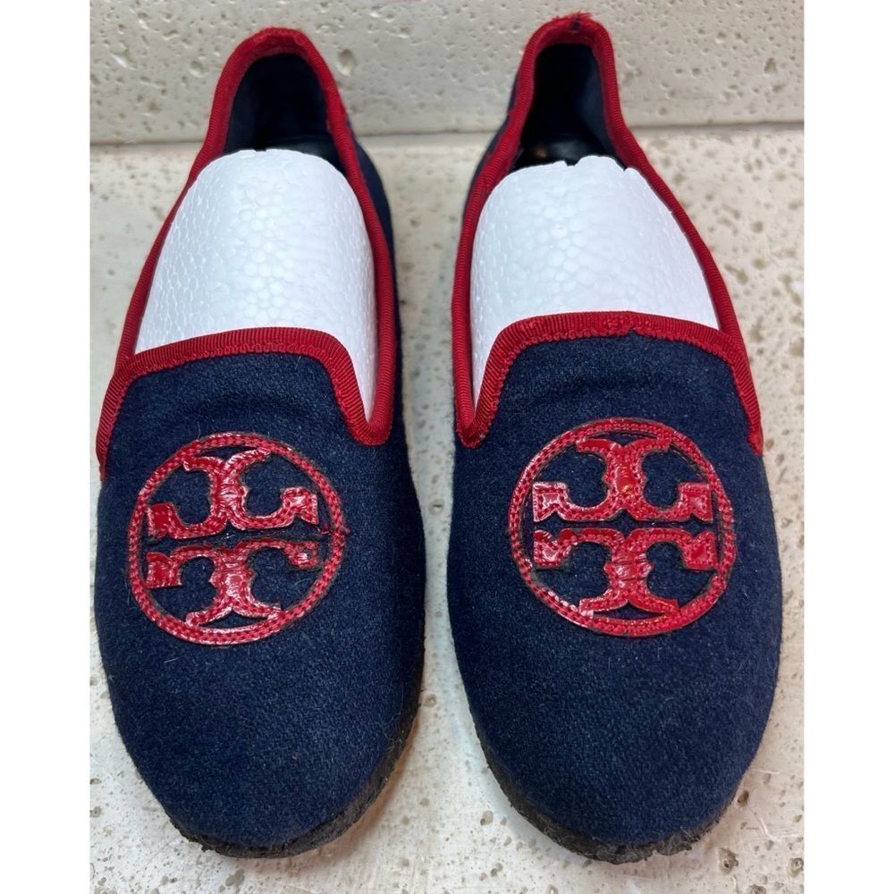 TORY BURCH Navy Blue Billy Logo Wool felt slippers Slip on Loafers Women's Sz 5